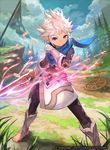  barefoot clenched_hand cloud commentary company_connection copyright_name day fire_emblem fire_emblem_cipher fire_emblem_if forest gloves glowing glowing_weapon holding holding_sword holding_weapon kanna_(fire_emblem_if) kanna_(male)_(fire_emblem_if) lack long_sleeves looking_at_viewer nature neckerchief official_art outdoors pants pointy_ears purple_eyes scarf short_hair sky smile standing sword weapon white_hair 