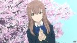  absurdres blue_bow blue_neckwear bow bowtie brown_eyes brown_hair day dutch_angle hair_between_eyes hands_clasped highres koe_no_katachi long_hair looking_at_viewer nishimiya_shouko outdoors own_hands_together satyarizqy school_uniform sign_language solo tree upper_body 