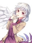  akidzuki_haruhi bangs blush bow bowtie braid commentary_request cowboy_shot dress feathered_wings french_braid jacket kishin_sagume long_sleeves looking_at_viewer open_clothes open_jacket purple_dress red_bow red_eyes red_neckwear silver_hair single_wing solo touhou white_wings wings 