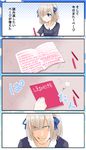  1girl 4koma artist_request blue_ribbon comic death_note hair_over_one_eye hair_ribbon highres just_as_planned notebook original parody ribbon short_hair silver_hair smile solo source_request translation_request writing yuri 