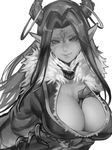  between_breasts breasts closed_mouth eyelashes forehead_jewel fur_trim greyscale highres horn_ring horns jewelry kumiko_shiba large_breasts long_hair looking_at_viewer monochrome pointy_ears simple_background sketch smile solo thunderbolt_fantasy upper_body white_background work_in_progress xing_hai 