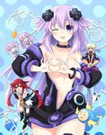  5girls :p adult_neptune bare_shoulders blank_eyes blue_eyes blush book braid breasts chibi cleavage collarbone cowboy_shot croire d-pad d-pad_hair_ornament doggo fairy fairy_wings fingerless_gloves fish foreshortening gloves hair_ornament hairclip heart heart-shaped_boob_challenge heart_hands highres hood hooded_jacket hooded_track_jacket hoodie jacket long_hair looking_at_viewer low_twintails medium_breasts midriff multiple_girls navel necktie nepgear neptune_(choujigen_game_neptune) neptune_(series) no_bra one_eye_closed open_clothes open_jacket open_mouth orange_eyes panties pointing pointing_at_viewer purple_eyes purple_hair red_hair shin_jigen_game_neptune_vii shiny shiny_clothes shiny_hair shiny_skin shirt short_hair sitting smile stomach tennouboshi_uzume thighhighs tied_hair tongue tongue_out track_jacket twin_braids twintails umio_(choujigen_game_neptune) underwear white_panties wings zero_(ray_0805) 