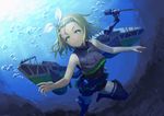  :t air_bubble backlighting bare_arms bare_shoulders black_legwear black_swimsuit blonde_hair bubble closed_mouth commentary_request covered_navel crop_top day diving dutch_angle forehead green_eyes hair_ribbon hair_slicked_back hairband holster kantai_collection legs_apart looking_at_viewer luigi_torelli_(kantai_collection) machinery one-piece_swimsuit ribbon short_hair sleeveless solo submerged sunlight swimsuit swimsuit_skirt tantaka tareme thigh_holster thigh_strap thighhighs turret underwater v-shaped_eyebrows white_hairband white_ribbon 
