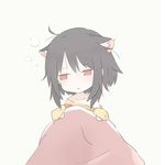  ahoge animal_ears black_hair blanket cat_ears chibi hagi_neco highres kono_subarashii_sekai_ni_shukufuku_wo! megumin red_eyes shirt_slip short_hair simple_background sleepy sleeves_past_wrists solo waking_up 