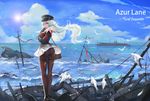  aircraft airplane ass azur_lane bird black_legwear character_name cloud commentary_request copyright_name day graf_zeppelin_(azur_lane) guernical hair_blowing highres long_hair looking_at_viewer military military_vehicle no_panties ocean pantyhose red_eyes seagull ship shipwreck skirt skirt_lift sun thighband_pantyhose torn_clothes torn_legwear warship watercraft white_hair wreckage 