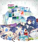 ahoge artist_name bangs bedroom blue_hair cellphone commentary_request computer expressionless headphones highres hood hoodie laptop long_sleeves lying on_back original phone pillow postcard qiqiuqiu soda_bottle solo tissue_box under_covers yellow_eyes 
