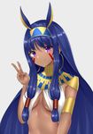  absurdres breasts closed_mouth dark_skin earrings eyebrows_visible_through_hair fate/grand_order fate_(series) highres hoop_earrings jewelry long_hair looking_at_viewer medium_breasts nitocris_(fate/grand_order) phano_(125042) purple_eyes purple_hair smile solo upper_body v 