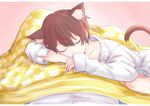  absurdres an_xiaoyan animal_ears brown_hair cat_ears cat_tail catboy commentary_request highres male_focus naked_shirt original pov shirt sleeping tail 
