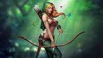  absurdres archery arrow bare_shoulders between_breasts blue_eyes bow_(weapon) bra bracer breasts bug butterfly cape closed_mouth cross-laced_clothes green_cape green_legwear green_pants highres holding holding_bow_(weapon) holding_weapon hood hood_down insect leather li_fengyang long_hair looking_at_viewer looking_to_the_side md5_mismatch medium_breasts nature navel original outdoors pants quiver red_hair resized rope sheath sheathed solo sword underwear upscaled wavy_hair weapon 