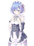  adjusting_clothes apron bangs blue_eyes blue_hair breasts cleavage commentary_request cowboy_shot detached_collar detached_sleeves eyebrows_visible_through_hair hair_ornament hairband hands_on_own_chest jinsan_totsu light_blush looking_at_viewer looking_away maid medium_breasts neck_ribbon parted_lips re:zero_kara_hajimeru_isekai_seikatsu rem_(re:zero) ribbon ribbon-trimmed_clothes ribbon-trimmed_sleeves ribbon_trim shiny shiny_hair short_hair solo standing waist_apron white_apron white_background white_legwear x_hair_ornament 
