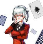  aqua_eyes aqua_lipstick aqua_nails backlighting black_neckwear blazer bloom bolo_tie bright_pupils card highres jacket kakegurui lipstick looking_at_viewer makeup momobami_kirari nail_polish raised_eyebrow roaa_(jlsinjun) silver_hair simple_background smile solo uneven_eyes white_pupils 