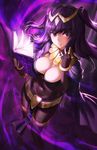  athenawyrm bangs belt black_cape black_gloves black_hair blush bodystocking book breasts cape circlet cleavage covered_navel elbow_gloves eyebrows_visible_through_hair fire_emblem fire_emblem:_kakusei foreshortening gloves glowing green_eyes holding holding_book jewelry loincloth long_hair looking_at_viewer looking_up magic medium_breasts neck_ring open_book parted_lips signature skin_tight smile solo standing tharja thigh_strap two_side_up 