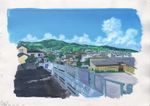  city cityscape cloud cloudy_sky commentary day highres house landscape mountain no_humans outdoors railing sawitou_mizuki scenery sky traditional_media 