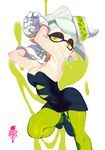  1girl armpits bare_shoulders breasts brekkist domino_mask dress earrings food food_on_head gloves green_legwear highres hoop_earrings hotaru_(splatoon) jewelry looking_at_viewer mask medium_breasts mole mole_under_eye object_on_head pantyhose pointy_ears short_jumpsuit solo splatoon_(series) splatoon_1 strapless strapless_dress tentacle_hair white_gloves 