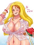 1girl breasts erect_nipples huge_breasts long_hair mikanberry nami_(one_piece) nipples one_piece orange_hair solo tongue tongue_out watermelon wink 