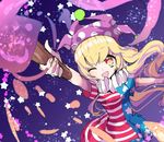  american_flag_legwear blonde_hair clownpiece commentary_request dress frilled_shirt_collar frills hat jester_cap leggings long_hair looking_at_viewer neck_ruff pantyhose pink_eyes polka_dot print_legwear short_dress star star_print striped torch touhou tsukikusa very_long_hair 