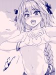  :d arms_up astolfo_(fate) bangle bikini bikini_top_removed bird bow bracelet braid cloud collarbone eyebrows_visible_through_hair fangs fate/apocrypha fate/grand_order fate_(series) hair_bow hair_intakes heart heart-shaped_boob_challenge heart_hands jewelry lips long_hair looking_at_viewer male_focus monochrome multicolored_hair navel open_mouth outdoors ozawa_reido pink shirtless side-tie_bikini signature single_braid sky smile solo stomach streaked_hair swimsuit upper_body very_long_hair wardrobe_malfunction 