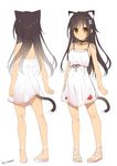  animal_ears bangs bare_arms bare_shoulders blush brown_eyes brown_hair camisole cat_ears cat_tail closed_mouth collar commentary dark_skin dress eyebrows_visible_through_hair flower full_body hair_flower hair_ornament highres legs_apart long_hair looking_at_viewer multiple_views original sandals see-through_silhouette short_dress simple_background sleeveless smile tail twitter_username white_background white_dress yanagi_yuu yellow_eyes 