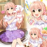  1girl blush breasts brown_eyes commentary_request hair_intakes heart highres idolmaster idolmaster_cinderella_girls jewelry long_hair looking_at_viewer medium_breasts necklace open_mouth pink_hair razibep saionji_kotoka smile star_shades stuffed_animal stuffed_bunny stuffed_toy translation_request 