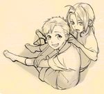  ahoge alphonse_elric brothers child edward_elric eyebrows_visible_through_hair fullmetal_alchemist hand_on_another's_shoulder happy looking_at_another looking_at_viewer male_focus monochrome multiple_boys noako open_mouth sepia shirt short_hair shorts siblings simple_background smile socks younger 