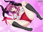  aqua_eyes arsenal artist_name black_legwear blue_eyes blush breasts buruma closed_mouth commentary_request curled_horns dragon_girl dragon_horns dutch_angle elizabeth_bathory_(fate) elizabeth_bathory_(fate)_(all) fate/extra fate/extra_ccc fate_(series) full_body gym_uniform hair_ribbon highres horns kneehighs legs_up lifted_by_self long_hair looking_at_viewer lying navel no_bra no_shoes nose_blush on_back panties panties_under_buruma pink_background pink_hair pointy_ears purple_ribbon red_ribbon ribbon shirt shirt_lift short_sleeves sidelocks small_breasts smile solo spread_legs stomach striped striped_panties tail tail_ribbon two_side_up underboob underwear white_shirt 