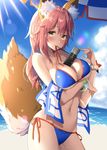  animal_ears beach beach_towel between_breasts bikini blue_bikini blush bracelet breast_hold breasts cleavage contrapposto cowboy_shot day fate/grand_order fate_(series) fox_ears fox_tail highres jewelry large_breasts long_hair looking_at_viewer masuishi_kinoto mouth_hold navel outdoors pink_hair ribbon ribbon_in_mouth side-tie_bikini solo standing sunlight swimsuit tail tamamo_(fate)_(all) tamamo_no_mae_(swimsuit_lancer)_(fate) towel wet wet_hair yellow_eyes 