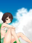  bangs bare_arms bare_legs bare_shoulders bikini blurry blurry_background breasts brown_eyes brown_hair closed_mouth cloud cloudy_sky covered_nipples day depth_of_field eyebrows_visible_through_hair feet_out_of_frame highres looking_at_viewer looking_to_the_side nurugamer-kouyouju outdoors shinmon_megumi short_hair side-tie_bikini sitting sky small_breasts smile solo swimsuit tomica_hyper_rescue_drive_head:_kidou_kyuukyuu_keisatsu white_bikini 