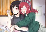  :o ^_^ black_hair black_shirt blurry blurry_background blush closed_eyes curtains green_shirt hair_down hairband highres hug hug_from_behind long_sleeves looking_at_viewer love_live! love_live!_school_idol_project multiple_girls nishikino_maki open_mouth red_eyes red_hair rurika_seijin shirt short_sleeves smile striped striped_hairband yazawa_nico yuri 