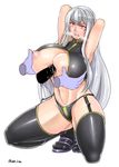  areola_slip areolae armpits arms_behind_head arms_up bangs bare_shoulders black_legwear black_panties blush breast_grab breasts cleavage clenched_teeth commentary_request crying crying_with_eyes_open drooling eyebrows_visible_through_hair frown full_body garter_straps grabbing highleg highleg_panties highres huge_breasts kneehighs long_hair navel nipples paizuri panties perpendicular_paizuri red_eyes saizu_nitou_gunsou saliva selvaria_bles senjou_no_valkyria senjou_no_valkyria_1 sidelocks silver_hair simple_background solo stomach tears teeth thighhighs underboob underwear very_long_hair visible_air white_background 