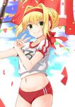  ahoge bad_id bad_pixiv_id bangs blonde_hair blush braid buruma c: closed_mouth commentary_request confetti cowboy_shot crop_top eyebrows_visible_through_hair fate/grand_order fate_(series) flag french_braid green_eyes gym_shirt gym_uniform hair_between_eyes hair_bun hair_intakes hair_ribbon hairband hand_up highres holding holding_flag looking_at_viewer navel nero_claudius_(fate) nero_claudius_(fate)_(all) olympian_bloomers pennant red_buruma red_ribbon ribbon shirt short_sleeves sidelocks smile solo sports_festival string_of_flags thighs tsukiman v white_shirt 