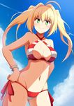  ahoge bead_bracelet beads bikini blonde_hair blue_sky blush bracelet breasts closed_mouth cloud criss-cross_halter day earrings eyebrows_visible_through_hair fate/grand_order fate_(series) green_eyes halterneck hands_on_hips highres jewelry long_hair looking_at_viewer medium_breasts navel nero_claudius_(fate)_(all) nero_claudius_(swimsuit_caster)_(fate) side-tie_bikini sky smile solo striped striped_bikini sukeberosu swimsuit twintails 