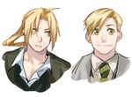  alphonse_elric black_coat blonde_hair brothers coat edward_elric expressionless fullmetal_alchemist grey_coat happy kankei_(asw9510) long_hair looking_at_another looking_at_viewer male_focus multiple_boys necktie ponytail shirt short_hair siblings simple_background smile waistcoat white_background white_shirt yellow_eyes 