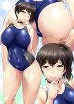  ass ayato back blush breasts brown_eyes brown_hair choker competition_swimsuit covered_navel covered_nipples highres kaga_(kantai_collection) kantai_collection large_breasts looking_at_viewer multiple_views one-piece_swimsuit side_ponytail smile swimsuit 