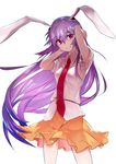  animal_ears asuzemu bunny_ears eyebrows_visible_through_hair highres long_hair looking_at_viewer looking_to_the_side necktie orange_skirt purple_hair red_eyes red_neckwear reisen_udongein_inaba short_sleeves simple_background skirt solo touhou white_background 