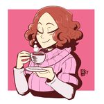  absurdres blush brown_hair closed_eyes coffee commentary cup highres long_sleeves okumura_haru persona persona_5 pink_background ribbed_sweater saucer scruffyturtles solo steam sweater teacup turtleneck turtleneck_sweater upper_body 