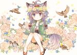  1girl ahoge animal animal_ears animal_on_head bare_legs bird bird_on_finger bird_on_head blush bow braid floral_print flower flower_wreath fox_ears fox_tail full_body green_jacket hair_bow hairband head_wreath highres itou_hachi jacket knees_together_feet_apart knees_up lavender_hair long_hair long_sleeves looking_at_viewer on_head parted_lips petals purple_eyes rose sandals sitting sleeves_past_wrists solo sparrow star tail torikago_scrap_march track_jacket twin_braids white_background 