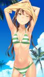  ;&lt; armpits arms_up ass_visible_through_thighs bad_id bad_pixiv_id bikini blue_sky breasts brown_hair closed_mouth cloud cloudy_sky collarbone contrapposto cowboy_shot day green_bikini highres kimura_(ykimu) long_hair looking_up navel original outdoors palm_tree ribs shirt_lift shirt_over_head simple_background sky small_breasts solo standing striped striped_bikini swimsuit tree twintails undressing white_background yellow_eyes 