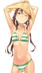  ;&lt; armpits arms_up ass_visible_through_thighs bikini breasts brown_hair closed_mouth collarbone contrapposto cowboy_shot highres kimura_(ykimu) long_hair looking_up navel original ribs shirt_lift shirt_over_head simple_background small_breasts solo standing striped striped_bikini swimsuit twintails undressing white_background yellow_eyes 