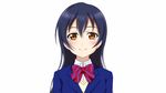  animated animated_gif bangs blazer blue_hair blush bow bowtie closed_mouth commentary_request hair_between_eyes jacket long_hair looking_at_viewer love_live! love_live!_school_idol_project otonokizaka_school_uniform red_bow red_neckwear school_uniform simple_background smile solo sonoda_umi striped striped_bow striped_neckwear upper_body white_background yellow_eyes zangaku 