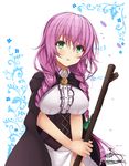  black_cape blush bow braid cape cowboy_shot flower_knight_girl green_bow green_eyes hair_bow heather_(flower_knight_girl) holding long_hair looking_at_viewer parted_lips purple_hair signature solo stick suzume_(simple0091) twin_braids white_background 