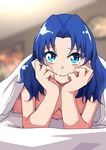  blue_eyes blue_hair blurry blurry_background breasts closed_mouth fang hands_on_own_cheeks hands_on_own_face kirakira_precure_a_la_mode looking_at_viewer lying nude on_stomach precure short_hair small_breasts smile solo tategami_aoi third_love 