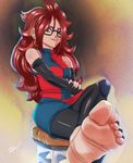  1girl android_21 arm_warmers barefoot black-framed_eyewear black_nails blue_eyes brown_hair chair dragon_ball dragon_ball_fighterz earring feet female glasses hoop_earrings lipstick long_hair multicolored_clothes multicolored_dress nail_polish pantyhose sitting soles solo toes 