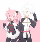  1boy 1girl astolfo_(fate) belt black_gloves black_scrunchie blue_eyes clenched_hand cowboy_shot fate/apocrypha fate/grand_order fate_(series) fujimaru_ritsuka_(female) fujimaru_ritsuka_(male) gloves hair_intakes karna_(fate) looking_at_viewer multicolored_hair one_side_up palette_swap pink_background pink_belt pink_eyes pink_hair red_belt red_pupils scrunchie short_hair simple_background streaked_hair two-tone_background uniform v white_background white_hair 