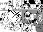  battle bow bowtie comic common_raccoon_(kemono_friends) dragon_ball dragon_ball_z eyebrows_visible_through_hair fighting fur_collar gloves greyscale isuna kemono_friends kicking monochrome multiple_girls open_mouth raccoon_ears raccoon_tail serval_(kemono_friends) serval_ears serval_print serval_tail shirt short_sleeves skirt sleeveless sleeveless_shirt striped_tail tail translation_request tripping 