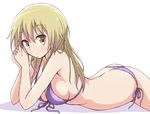  ass back bangs bikini blonde_hair breasts butt_crack cleavage closed_mouth collarbone commentary_request expressionless front-tie_bikini front-tie_top hair_between_eyes hair_down hands_together ichii_yui large_breasts long_hair looking_at_viewer lying mel_(melty_pot) on_stomach purple_bikini shadow side-tie_bikini sideboob solo swimsuit wet wet_hair white_background yellow_eyes yuyushiki 