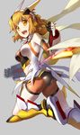  :d armpits ass bare_shoulders bike_shorts blonde_hair blush bodysuit boots breasts chikugen_shiina commentary_request from_behind gloves grey_background headgear knee_up looking_at_another looking_at_viewer medium_breasts open_mouth scarf senki_zesshou_symphogear short_hair skindentation smile solo tachibana_hibiki_(symphogear) yellow_eyes 