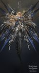  absurdres armor blonde_hair closed_mouth commentary_request copyright_name flying grey_eyes highres long_hair looking_at_viewer mecha pixiv_fantasia pixiv_fantasia_revenge_of_the_darkness robot solo stu_dts translation_request very_long_hair wings 