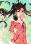  1girl bangs black_hair bubble_blowing chewing_gum collarbone earrings fate/grand_order fate_(series) hands_in_pockets hood hoodie hoop_earrings image_sample ishtar_(fate/grand_order) jewelry long_hair looking_at_viewer parted_bangs red_eyes solo tohsaka_rin truc_bui tumblr_sample two_side_up very_long_hair 