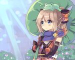  blue_eyes blush brown_hair frog highres lily_pad long_hair looking_at_viewer neptune_(series) normaland rain ram_(choujigen_game_neptune) solo water 
