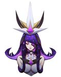  banned_artist bare_shoulders breasts closed_eyes cropped_torso eyelashes eyepatch facial_mark hair_ornament highres jpeg_artifacts large_breasts league_of_legends lipstick long_hair magical_girl makeup mascara paul_kwon purple_lipstick simple_background smile smirk sparkle star_guardian_syndra syndra upper_body white_background 